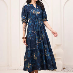 Floral Printed Pure Cotton Fit & Flare Ethnic Dress – Blue