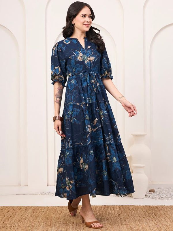 Floral Printed Pure Cotton Fit & Flare Ethnic Dress – Blue