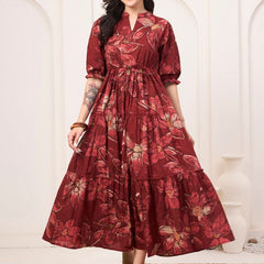 Floral Printed Pure Cotton Fit & Flare Ethnic Dress – Red