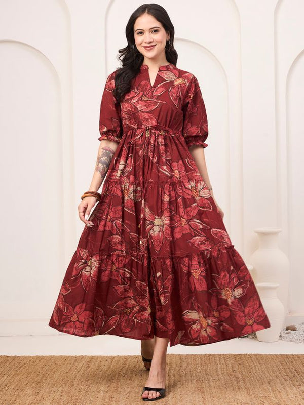 Floral Printed Pure Cotton Fit & Flare Ethnic Dress – Red