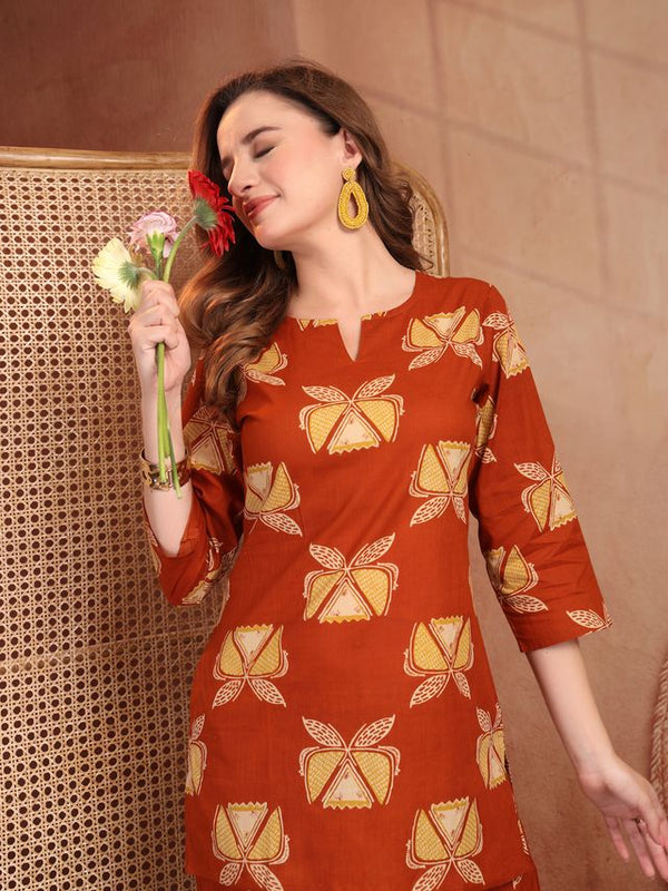 Geometric Printed Pure Cotton Co-Ord Set - Rust