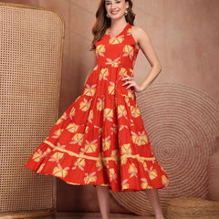 Geometric Printed Pure Cotton A-Line Ethnic Dress - Orange