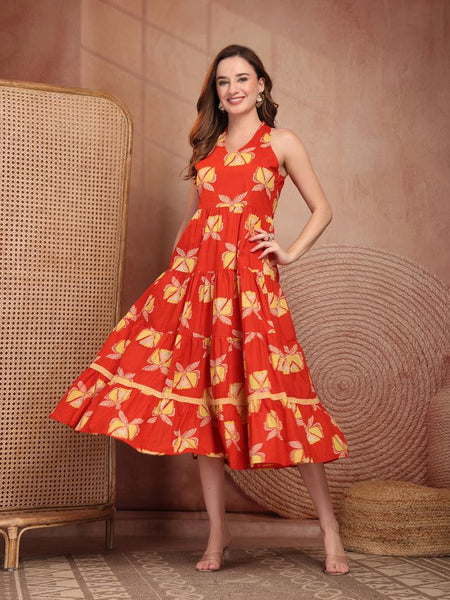 Geometric Printed Pure Cotton A-Line Ethnic Dress - Orange