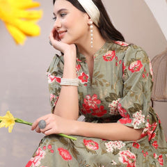 Floral Printed Pure Cotton Mandarin Collar Fit and Flare Dress