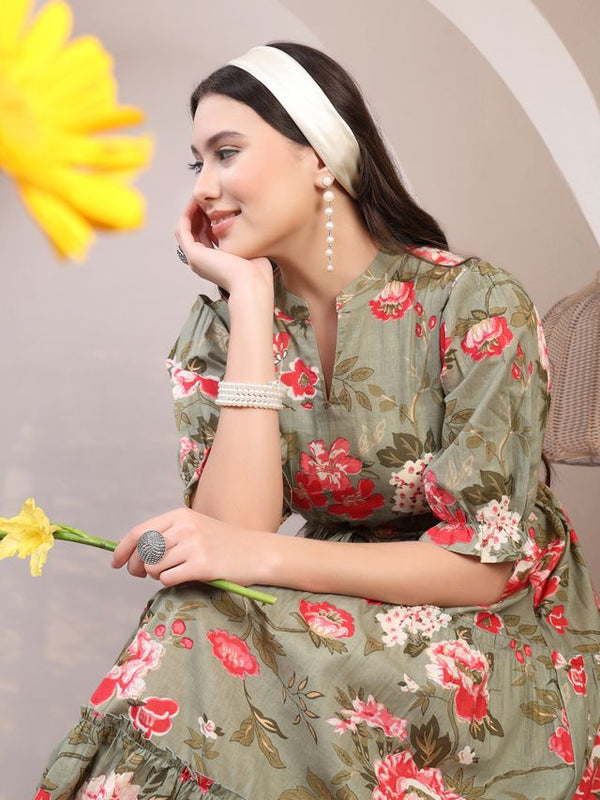 Floral Printed Pure Cotton Mandarin Collar Fit and Flare Dress