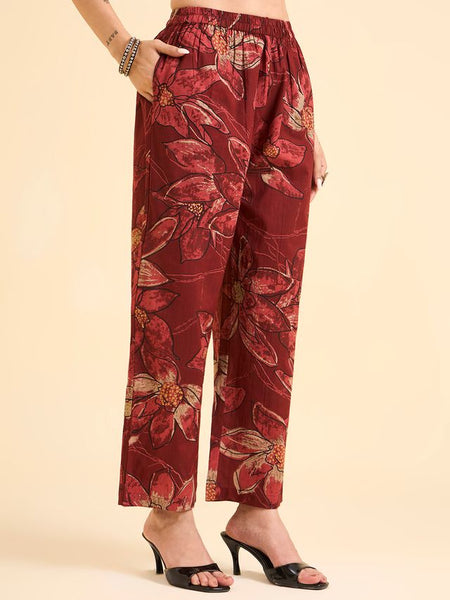 Floral Printed Pure Cotton Co-Ord Set with Palazzo – Red