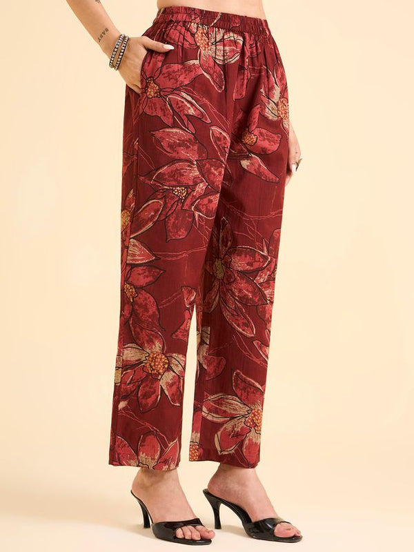 Floral Printed Pure Cotton Co-Ord Set with Palazzo – Red