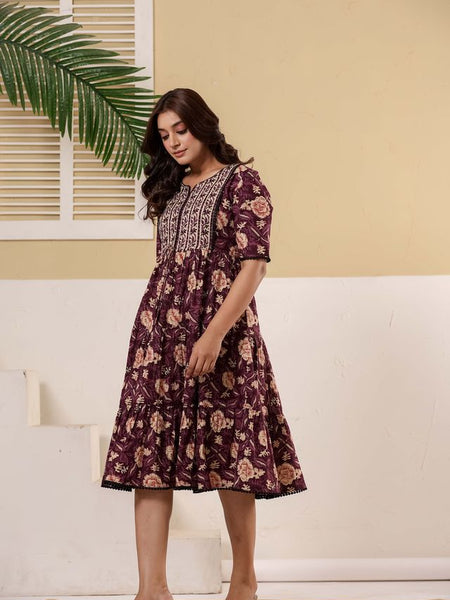 Floral Printed V-Neck Pure Cotton Fit & Flare Dress
