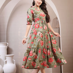 Floral Printed Pure Cotton Mandarin Collar Fit and Flare Dress