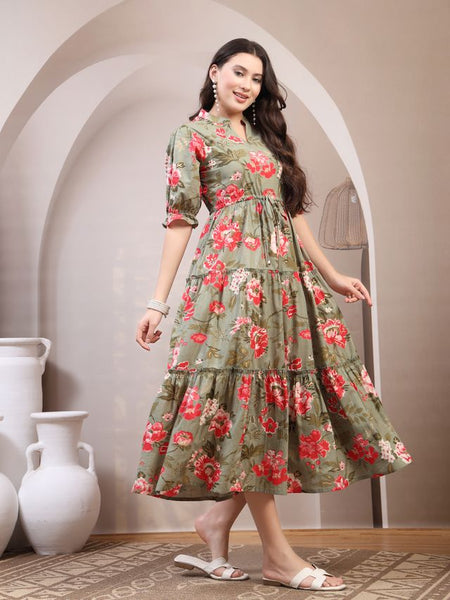 Floral Printed Pure Cotton Mandarin Collar Fit and Flare Dress