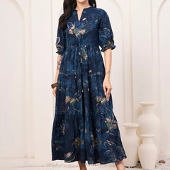 Floral Printed Pure Cotton Fit & Flare Ethnic Dress – Blue