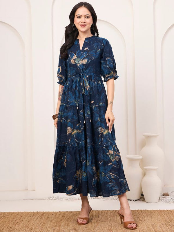 Floral Printed Pure Cotton Fit & Flare Ethnic Dress – Blue