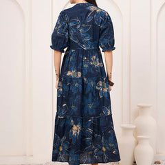 Floral Printed Pure Cotton Fit & Flare Ethnic Dress – Blue