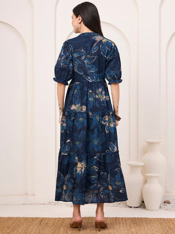 Floral Printed Pure Cotton Fit & Flare Ethnic Dress – Blue