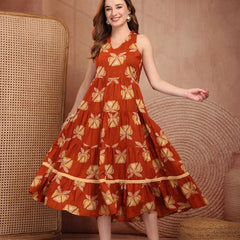 Geometric Printed Pure Cotton A-Line Ethnic Dress - Rust