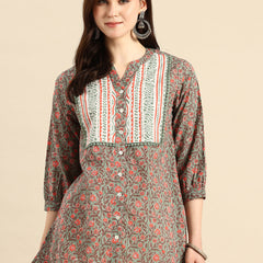 Floral Print Mandarin Collar Pure Cotton Top