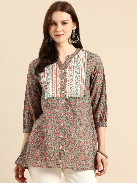 Floral Print Mandarin Collar Pure Cotton Top