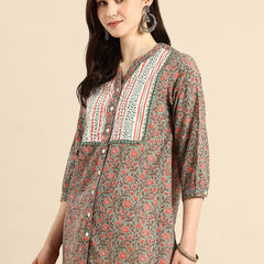 Floral Print Mandarin Collar Pure Cotton Top