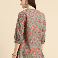 Floral Print Mandarin Collar Pure Cotton Top