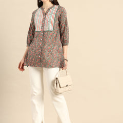 Floral Print Mandarin Collar Pure Cotton Top