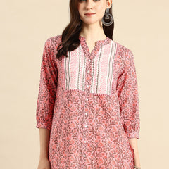 Pink Floral Print Mandarin Collar Pure Cotton Top