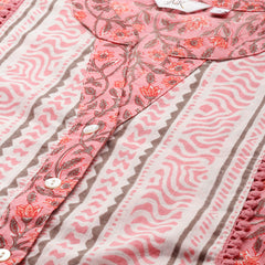 Pink Floral Print Mandarin Collar Pure Cotton Top
