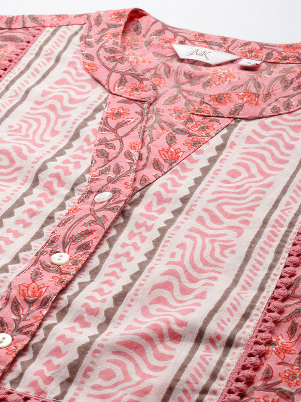 Pink Floral Print Mandarin Collar Pure Cotton Top