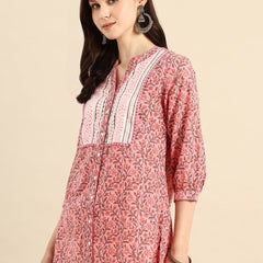 Pink Floral Print Mandarin Collar Pure Cotton Top