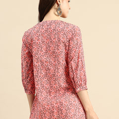 Pink Floral Print Mandarin Collar Pure Cotton Top