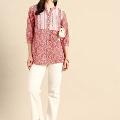 Pink Floral Print Mandarin Collar Pure Cotton Top