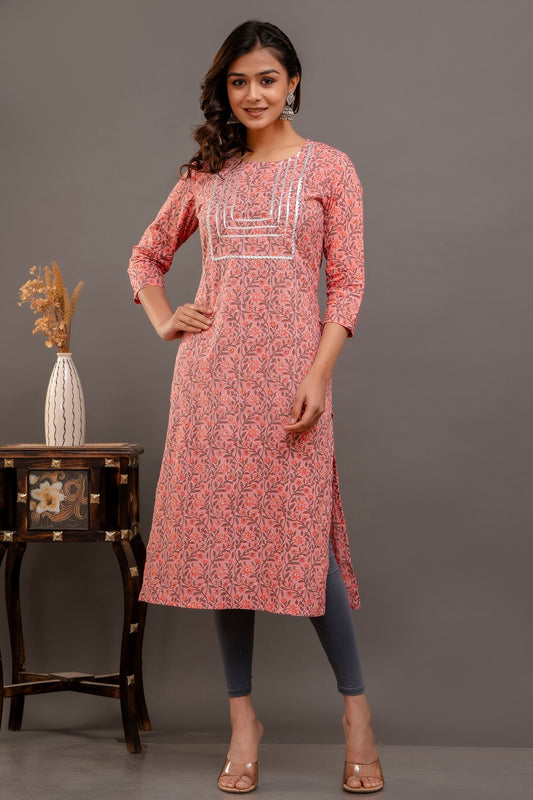 Peach Printed Cotton Kurta