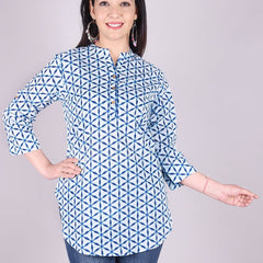 Indigo Geometric Print High Neck Cotton Shirt Style Top