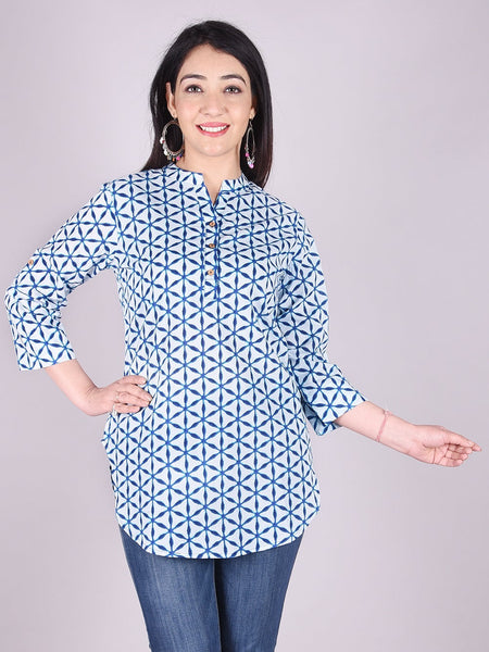 Indigo Geometric Print High Neck Cotton Shirt Style Top