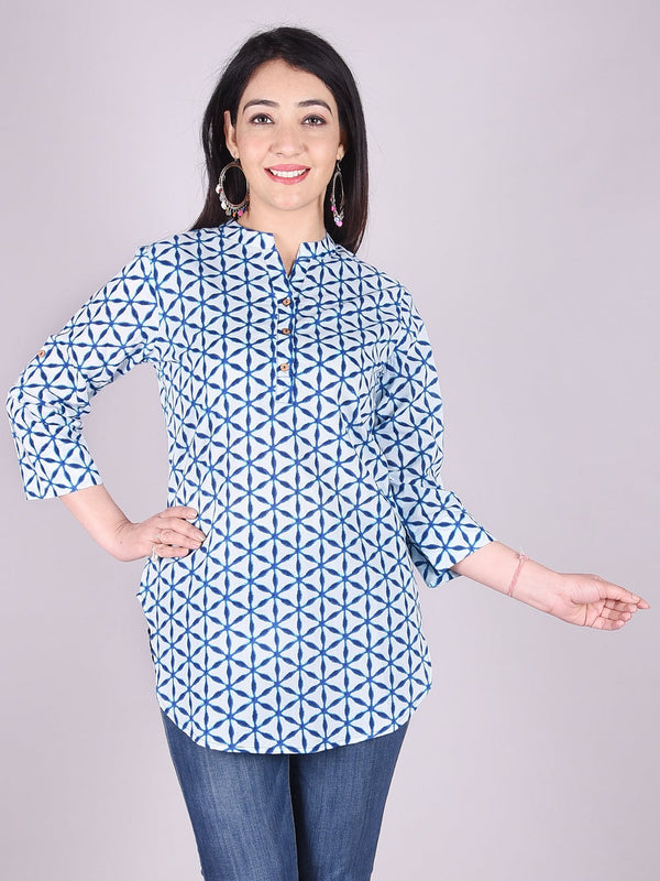 Indigo Geometric Print High Neck Cotton Shirt Style Top