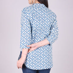 Indigo Geometric Print High Neck Cotton Shirt Style Top