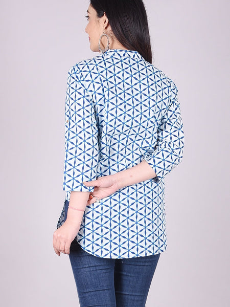 Indigo Geometric Print High Neck Cotton Shirt Style Top