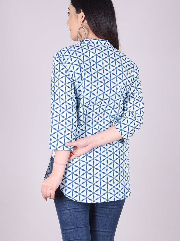 Indigo Geometric Print High Neck Cotton Shirt Style Top