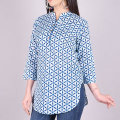 Indigo Geometric Print High Neck Cotton Shirt Style Top