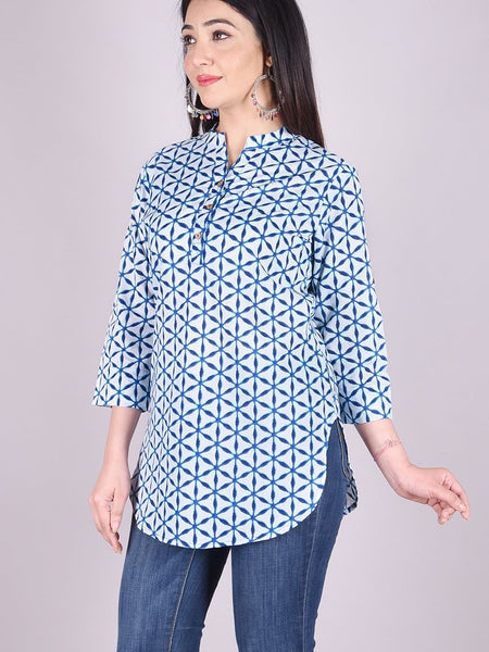 Indigo Geometric Print High Neck Cotton Shirt Style Top