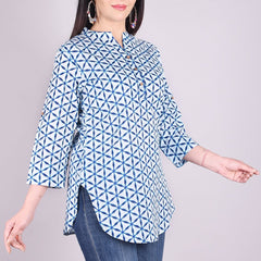 Indigo Geometric Print High Neck Cotton Shirt Style Top