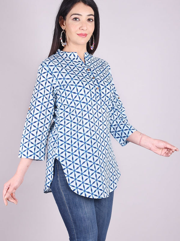 Indigo Geometric Print High Neck Cotton Shirt Style Top