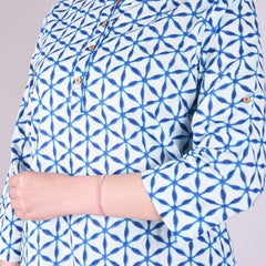 Indigo Geometric Print High Neck Cotton Shirt Style Top