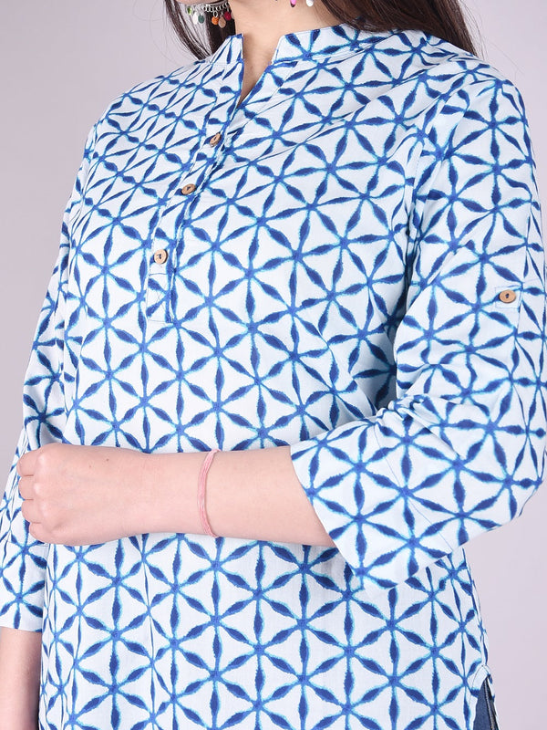 Indigo Geometric Print High Neck Cotton Shirt Style Top