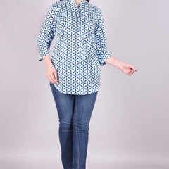 Indigo Geometric Print High Neck Cotton Shirt Style Top