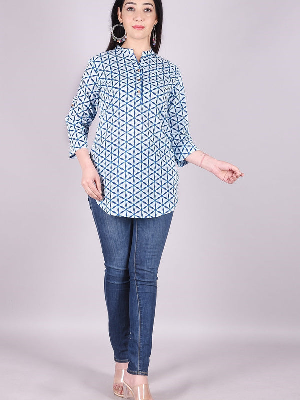 Indigo Geometric Print High Neck Cotton Shirt Style Top