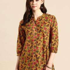 Mustard Floral Print Mandarin Collar Pure Cotton Top