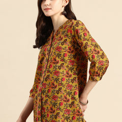 Mustard Floral Print Mandarin Collar Pure Cotton Top