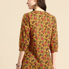 Mustard Floral Print Mandarin Collar Pure Cotton Top