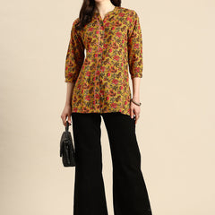 Mustard Floral Print Mandarin Collar Pure Cotton Top