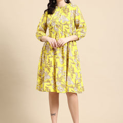 Black Floral Print Puff Sleeve Fit & Flare Dress